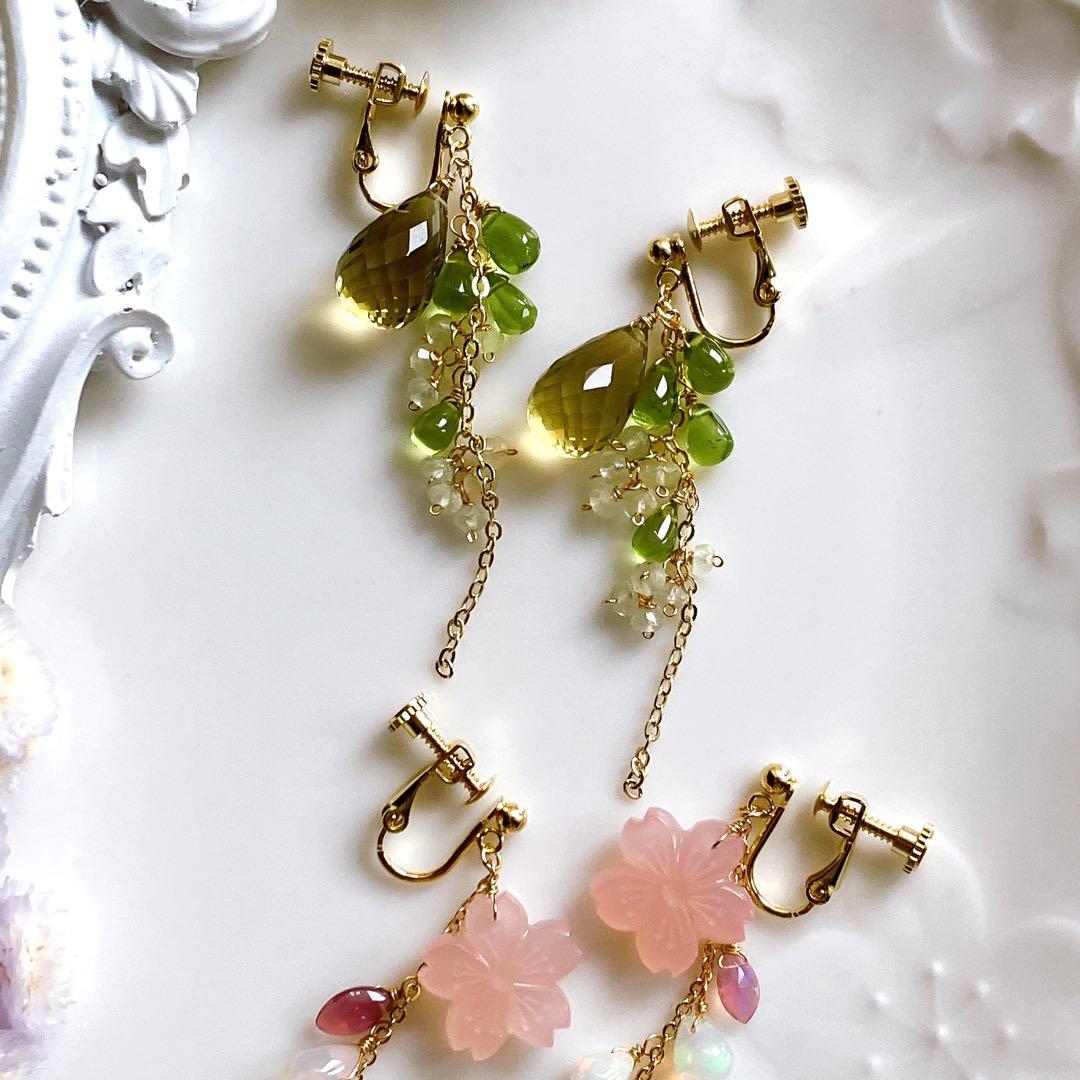 うぐいす◆桜カービング✧ピンクカルセドニー×オパールピアス✧14kgf