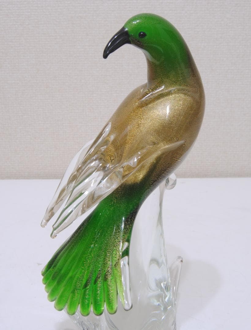 ベネチア ガラス ムラーノ 鳥の置物 オブジェ 緑 金彩 グリーン ゴールド