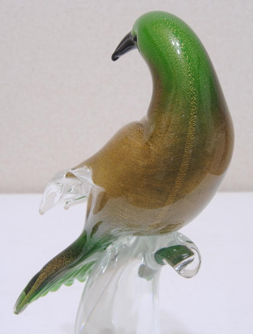 ベネチア ガラス ムラーノ 鳥の置物 オブジェ 緑 金彩 グリーン ゴールド