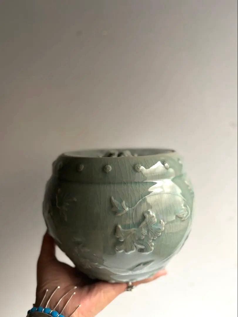 913 湖巖美術館所藏 東國窯 赫山方澈柱作 草蔓文高麗青磁水指 茶道具 高島屋