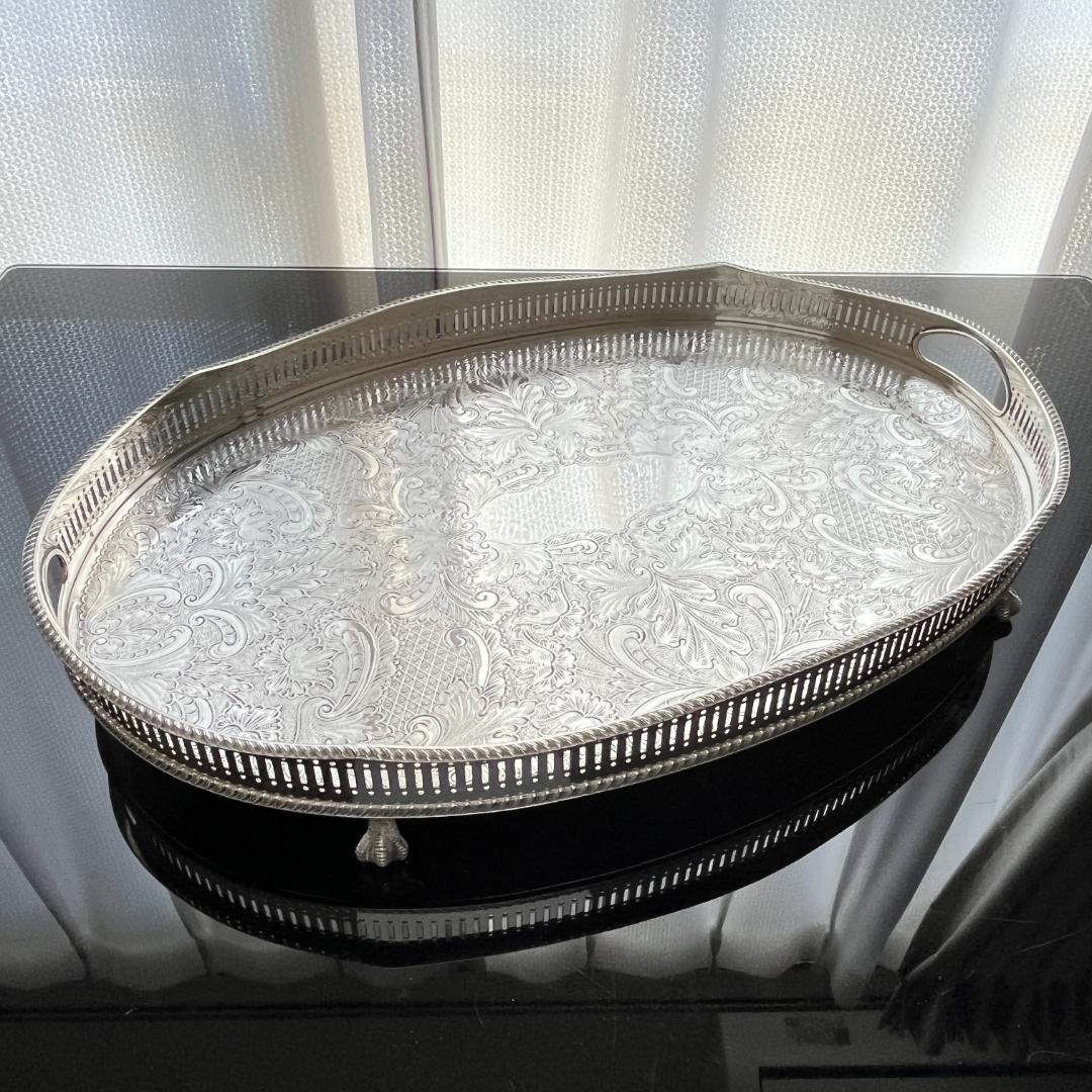 【英国】 ギャラリートレー オーバル型 46cm 装飾フット 大型