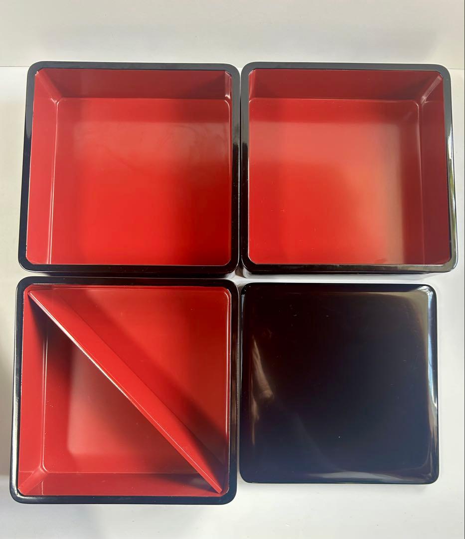 【美品】木製 漆器 三段重 黒塗 重箱 黒 内朱 会津塗り 天然木 アンティーク