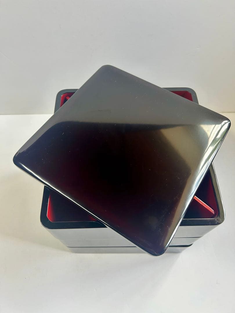 【美品】木製 漆器 三段重 黒塗 重箱 黒 内朱 会津塗り 天然木 アンティーク