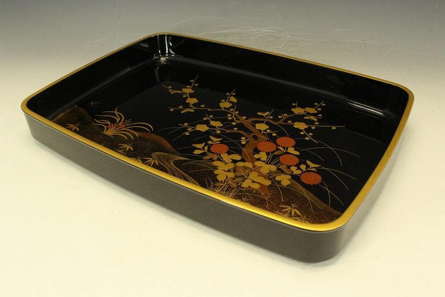 平安象彦作 四君子蒔絵 廣蓋 盆 共箱 未使用(LC780)