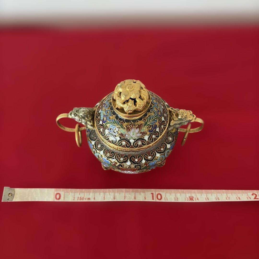中国美術　香炉 七宝焼　三足　木製台座付き