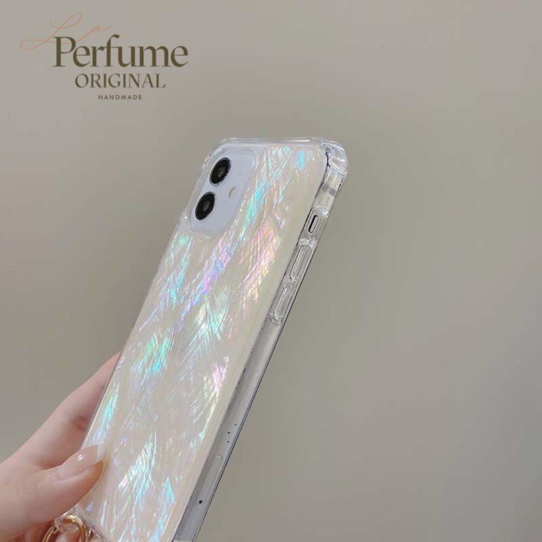 キラキラ天然シェル ホワイト 白♡大粒パールチェーン✨オリジナル iPhone