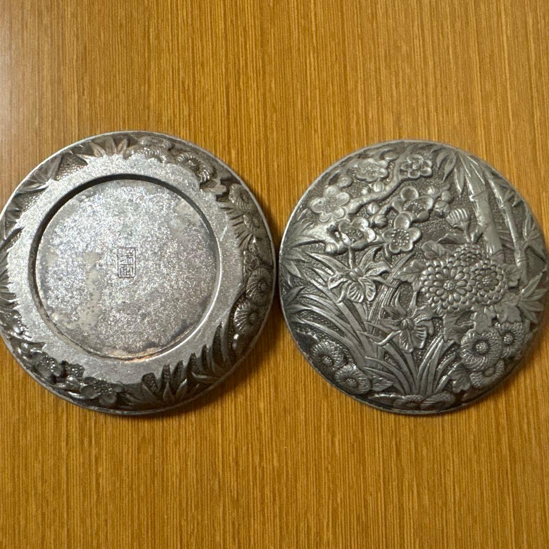 花と竹の彫刻 金属製トレイ