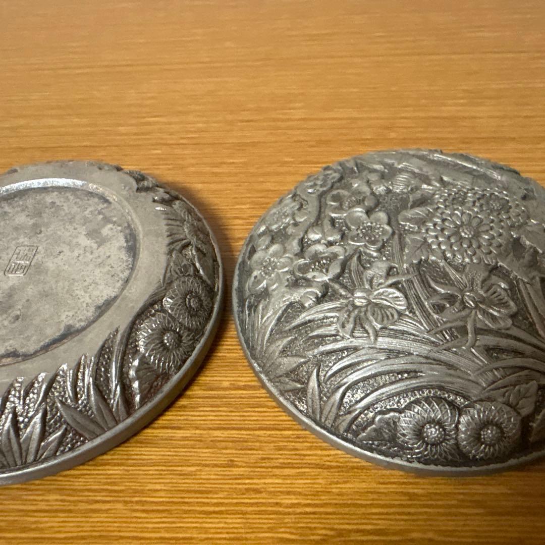 花と竹の彫刻 金属製トレイ