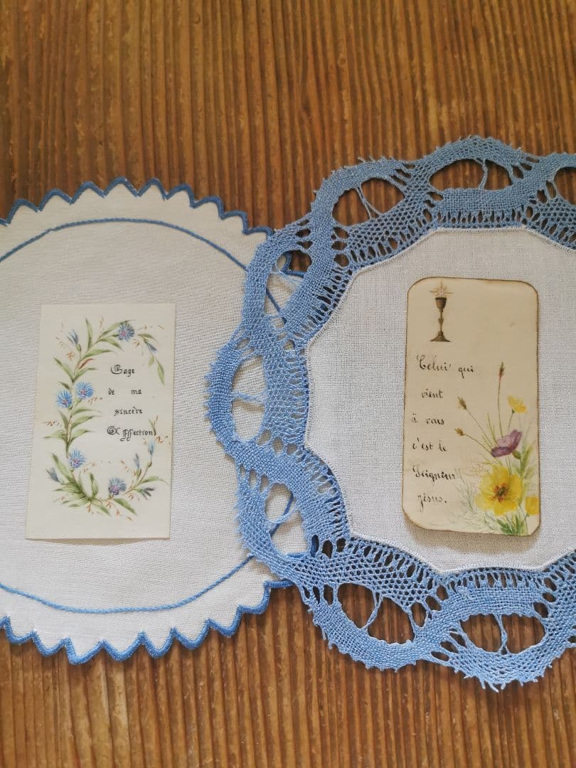 アンティーク スカラップ手縢り青糸刺繍ドイリー 手描き青花ホーリーカードセット