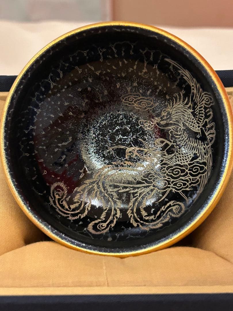 銘有　中国古美術　蒔絵の棗　天目茶碗　龍顔に鳳凰の体　呑み口金塗り 箱付き　建盞