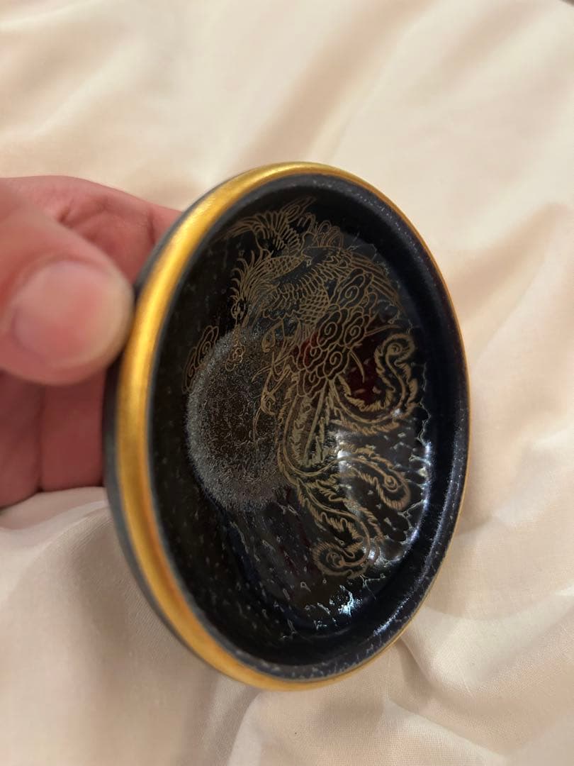 銘有　中国古美術　蒔絵の棗　天目茶碗　龍顔に鳳凰の体　呑み口金塗り 箱付き　建盞