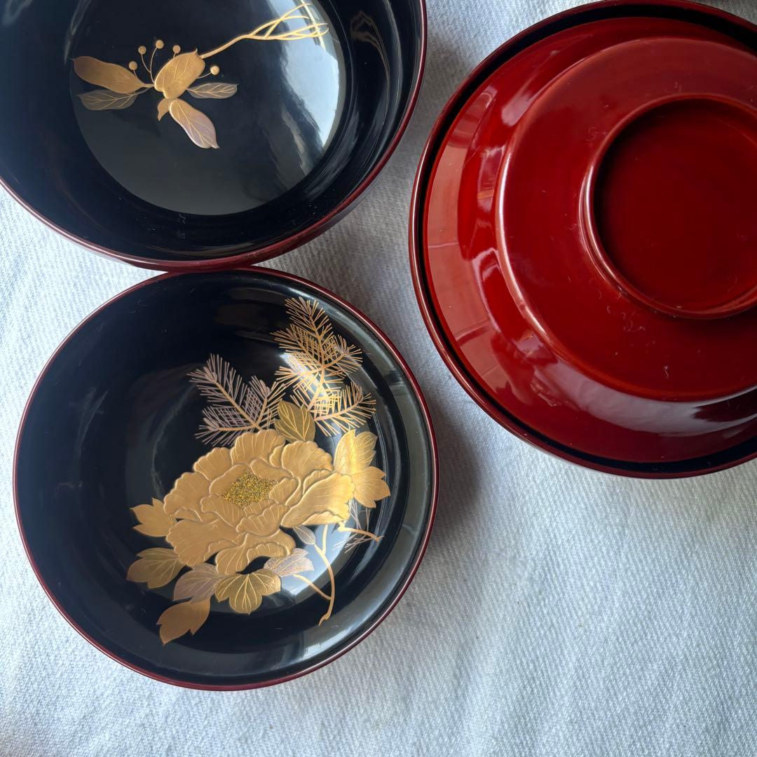 時代　溜塗漆に豪華絢爛、美しい牡丹蒔絵お椀5点　（検輪島塗蒔絵椀雑煮椀