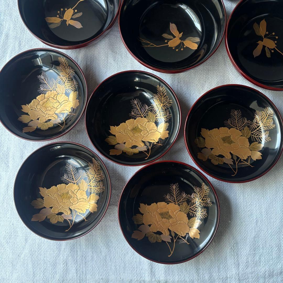 時代　溜塗漆に豪華絢爛、美しい牡丹蒔絵お椀5点　（検輪島塗蒔絵椀雑煮椀