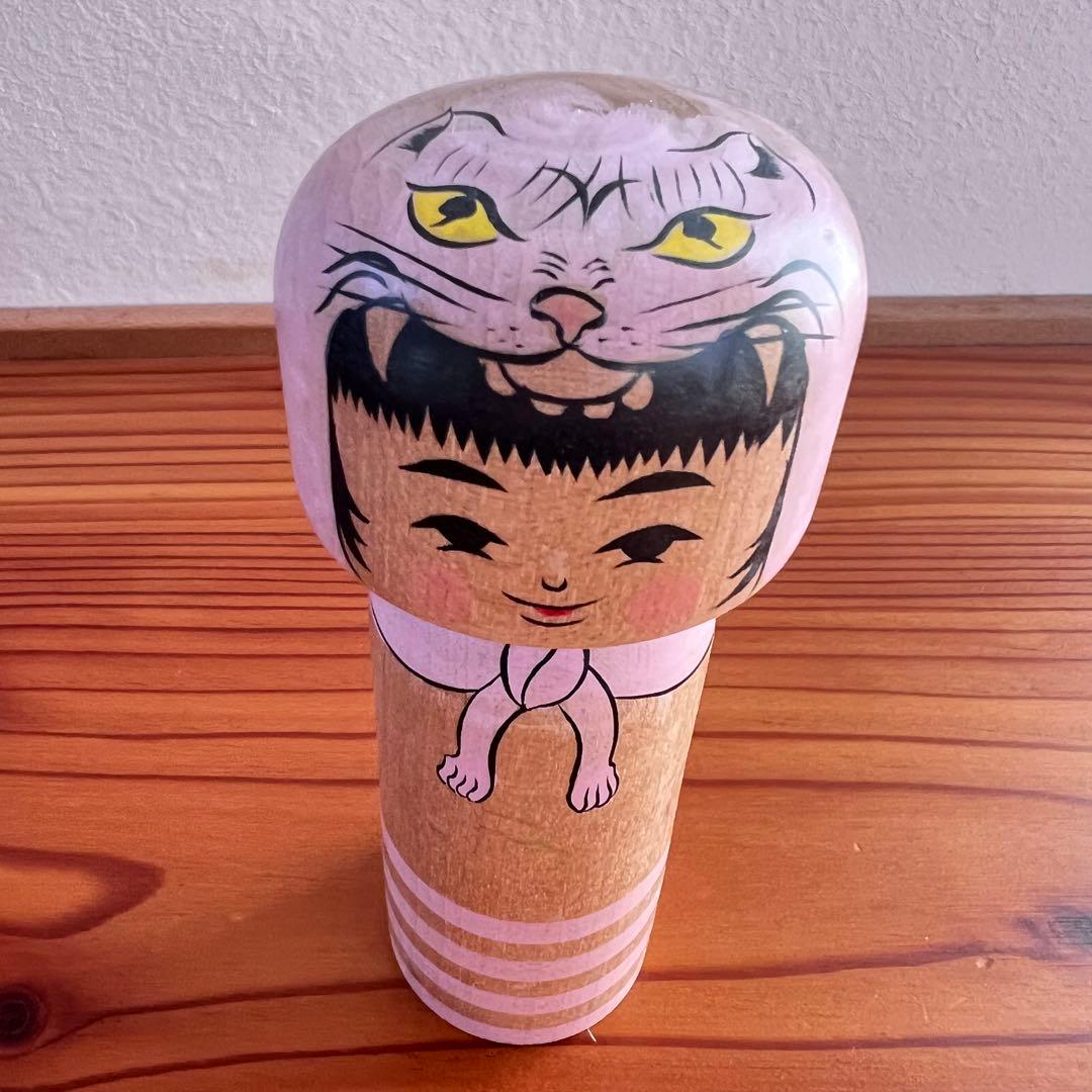 石巻こけし　猫かぶり　4寸　12㎝　ピンク　猫頭巾　こけし　美品