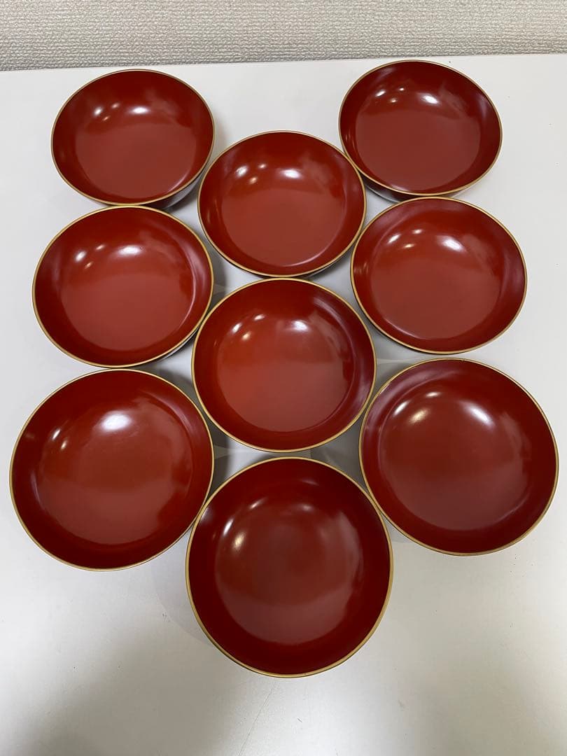 【現状品】漆器 輪島塗 金彩 朱塗 底黒塗 蓋付き椀 割烹 煮物椀 9個 ②