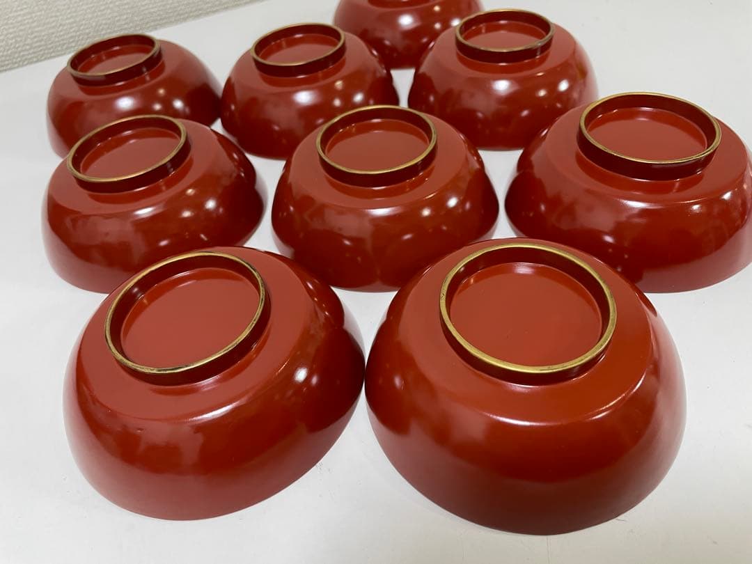 【現状品】漆器 輪島塗 金彩 朱塗 底黒塗 蓋付き椀 割烹 煮物椀 9個 ②