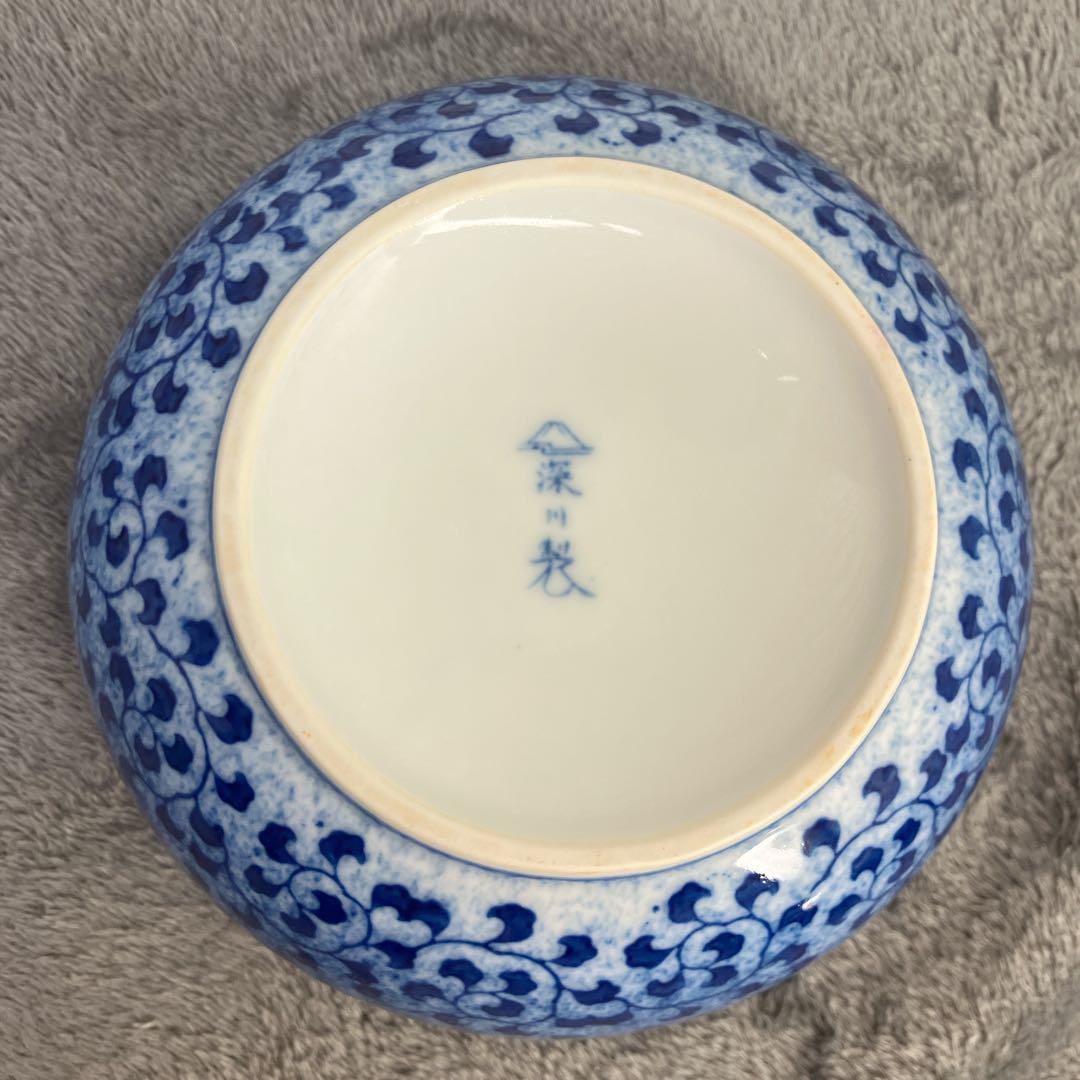 【廃盤・希少】有田焼 宮内庁御用達 深川製磁 蓋物 唐草模様 吹き墨 骨董品 青