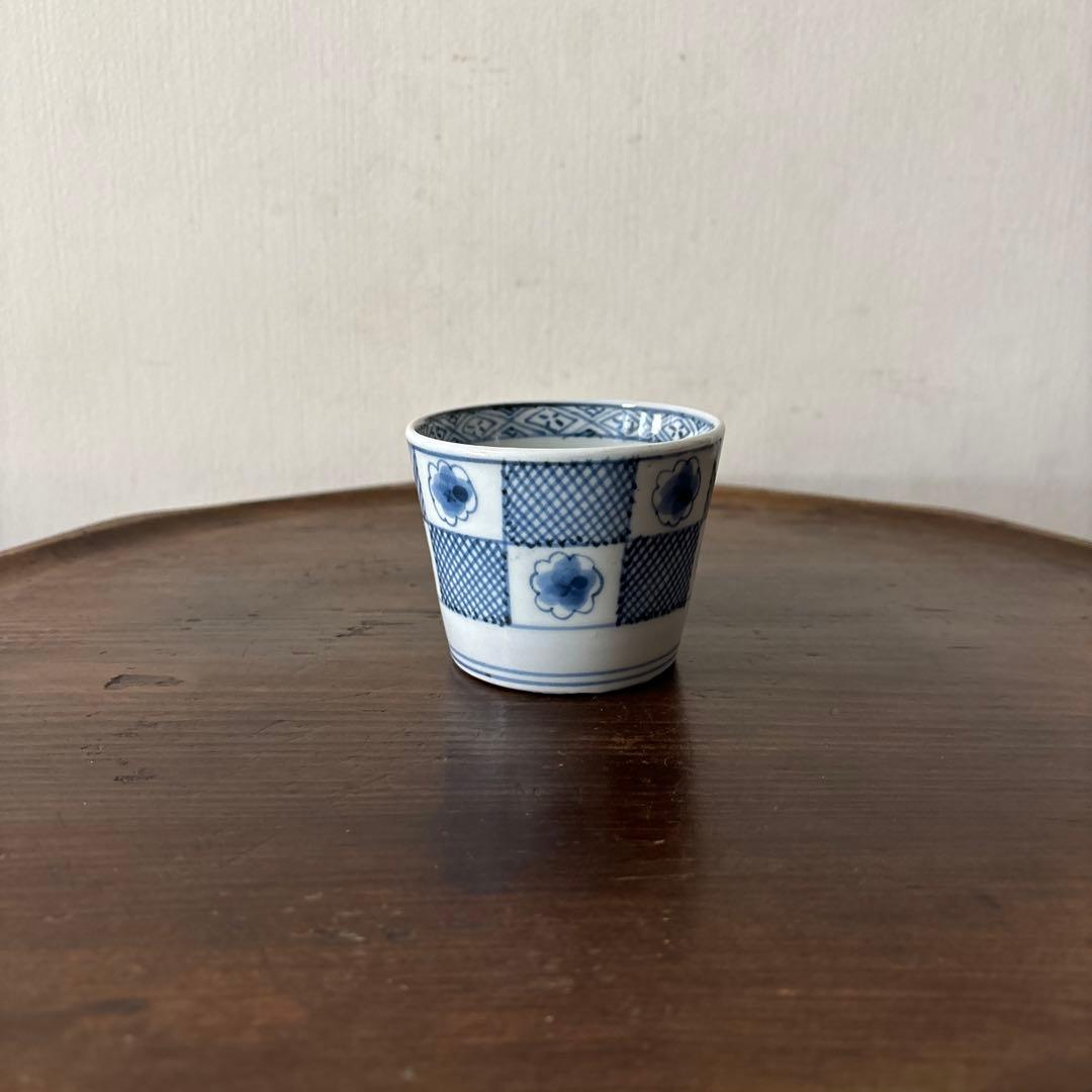 古伊万里 染付 市松花文　蕎麦猪口 骨董 江戸期 アンティーク　古道具　検:李朝