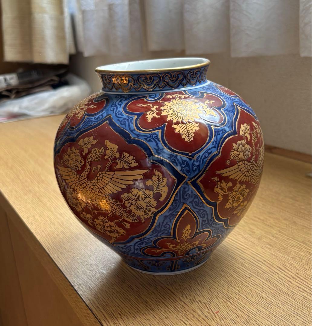 有田焼 勝山作 手描き 骨董品 金襴手 鳳凰文 花瓶　インテリア 限定品　風格