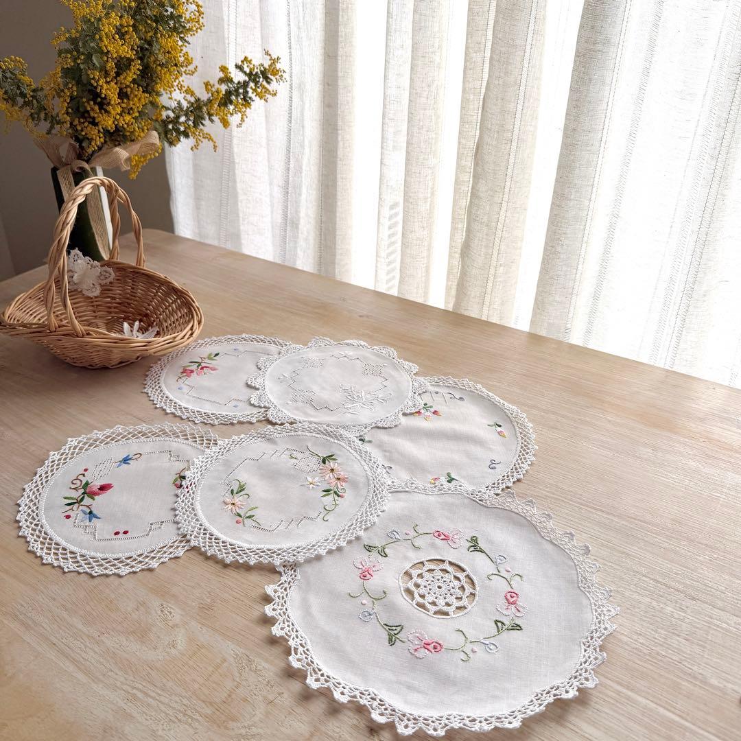 刺繍ドイリー6枚セット 手編みレース縁 花柄 ナチュラル フレンチ ヴィンテージ