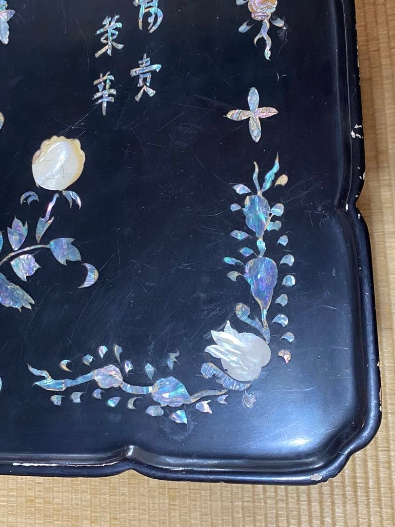 ♦中国清時代 花 蝶 柘榴 富貴 吉祥文 螺鈿細工 輪花 四方足 花台 骨董品