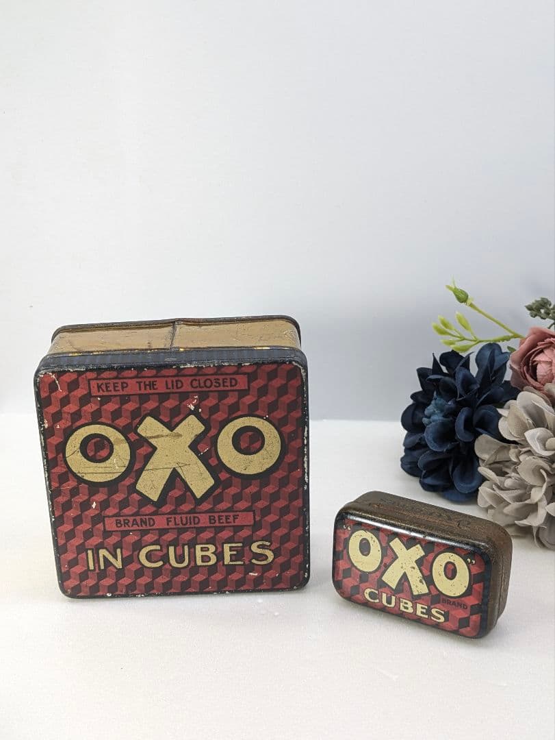 イギリス アンティーク oxo缶 ２個セット 格子柄