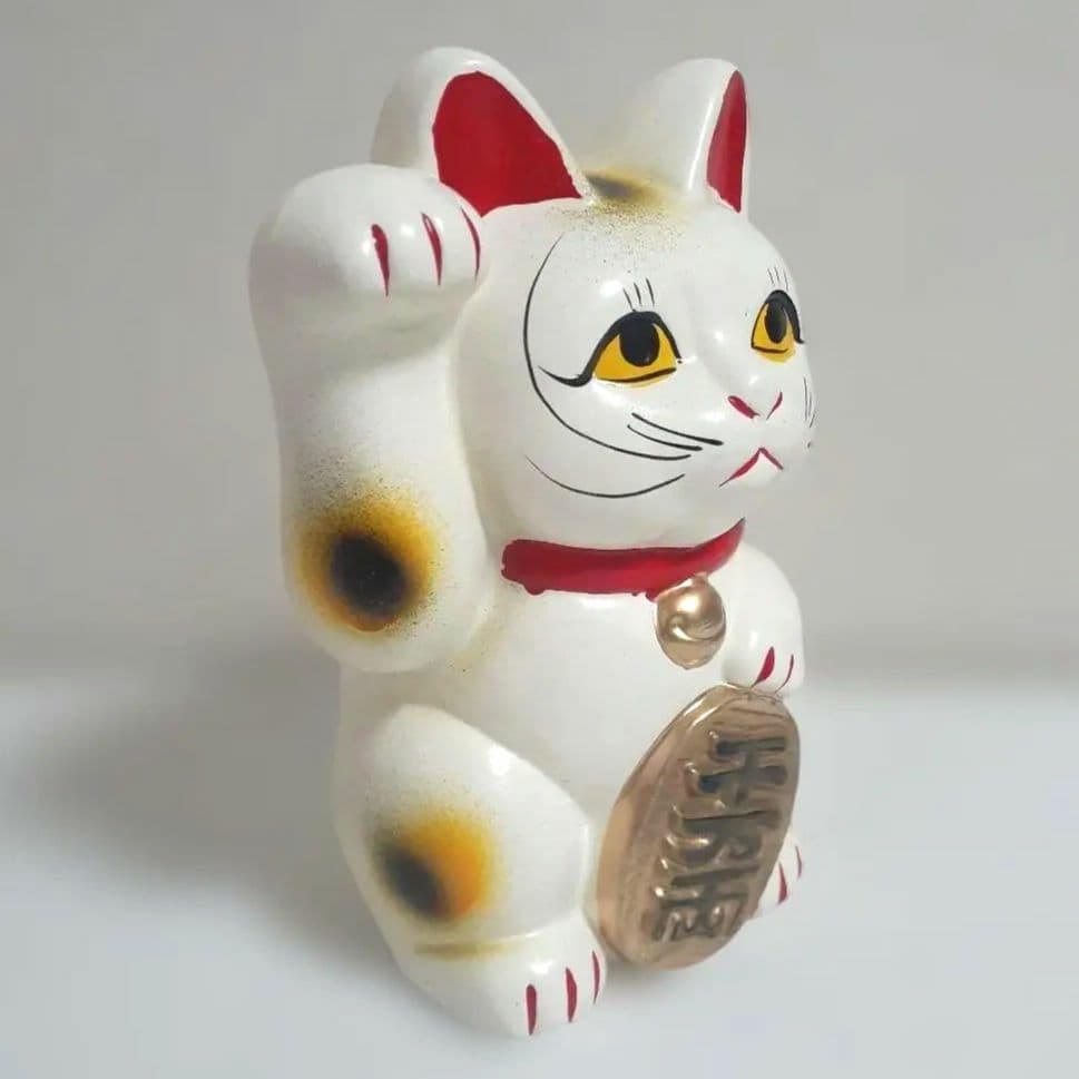 135瀬戸焼 元祖まねき猫 約15cm 三毛 右手上 上目遣い 昭和 陶器 元箱