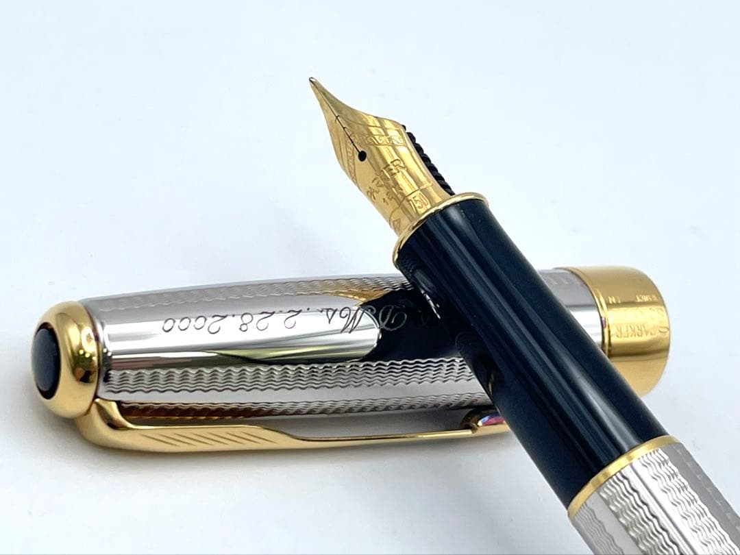 【S】美品PARKER 万年筆 ペン先18K ボールペン シルバー系 ネーム入り