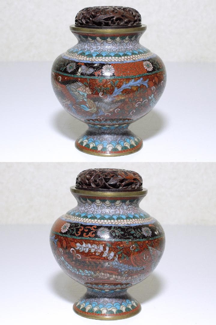 明治 尾張 本多興三郎 鳳凰花蝶図 茶金石釉地有線七宝香炉 紫檀透し彫り火屋付き