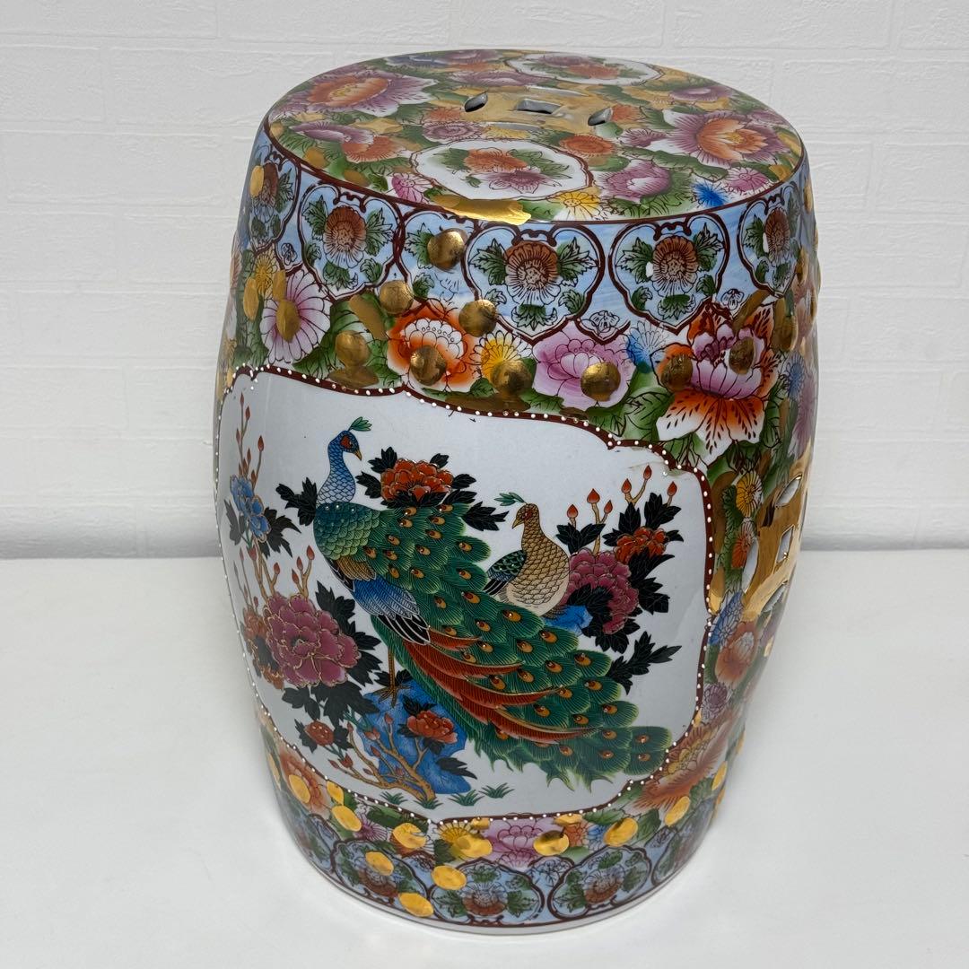 【貴重】九谷焼 椅子 九谷陶器椅子 陶器 花鳥図 孔雀 細密画 色絵 豪華絢爛
