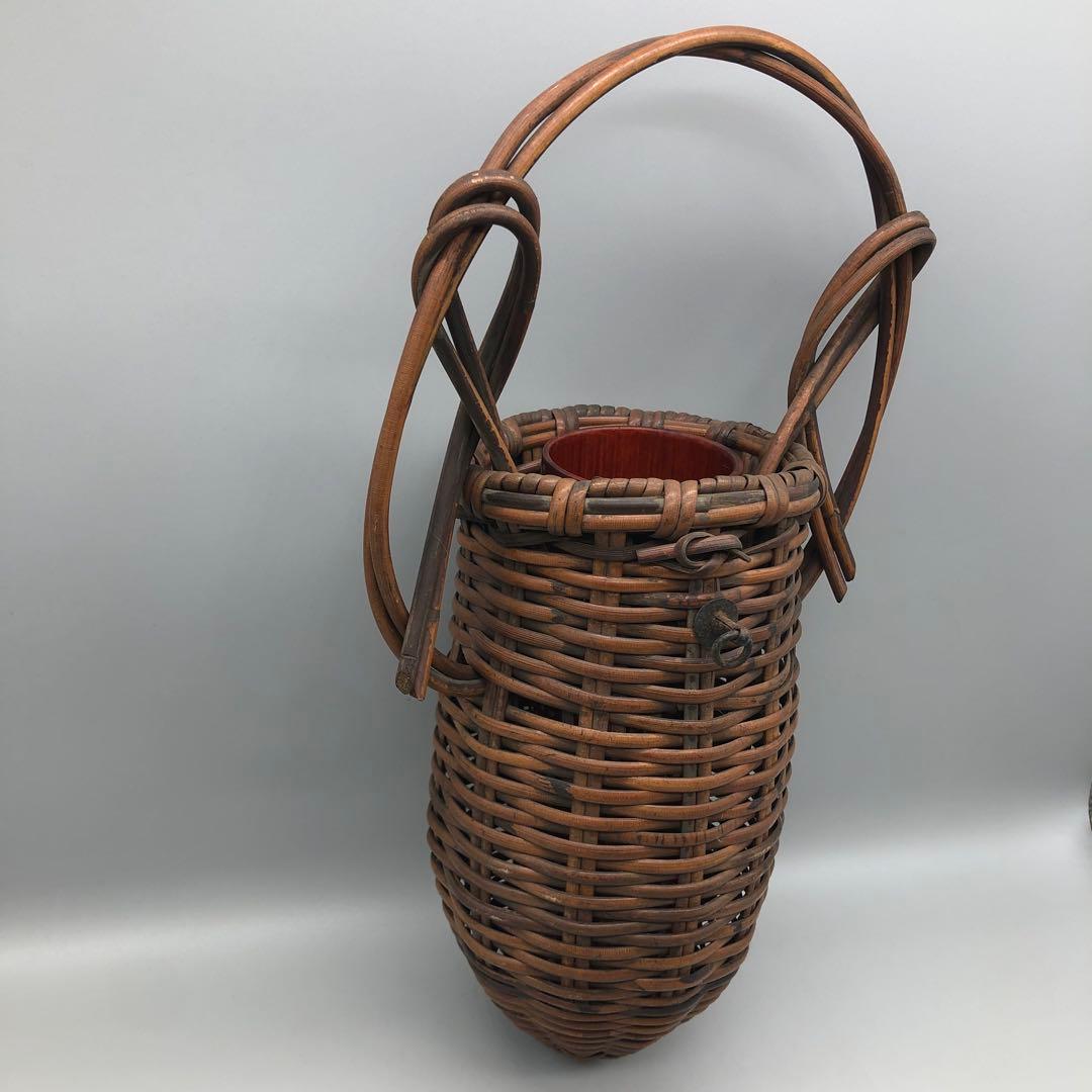 蝉籠花入セミ型編みかご取っ手落とし付き花かご伝統工芸品ビンテージ茶道具華道具