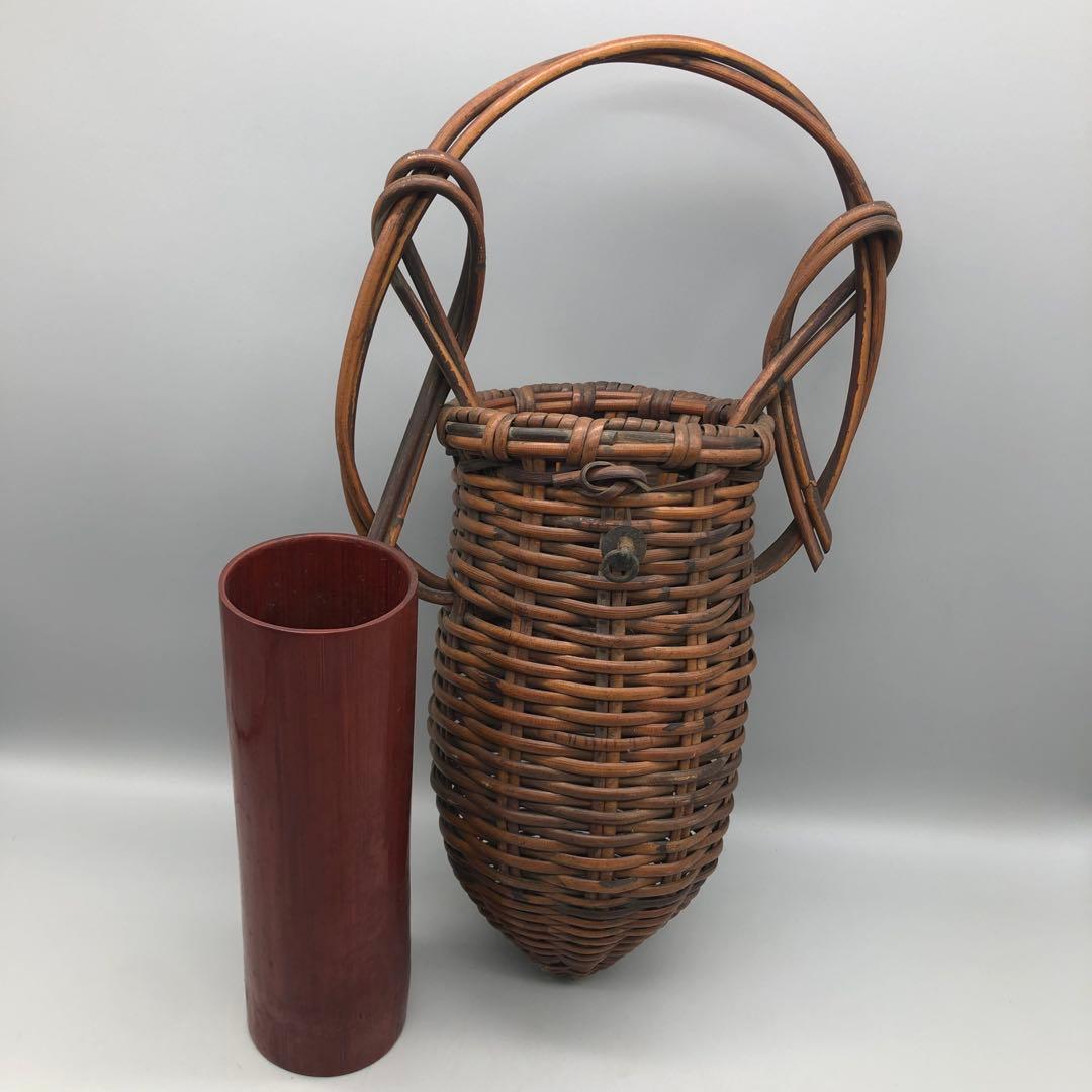 蝉籠花入セミ型編みかご取っ手落とし付き花かご伝統工芸品ビンテージ茶道具華道具