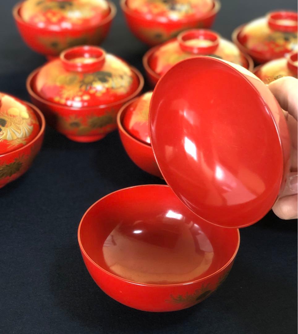 《R》朱塗 螺鈿 貝蒔絵 菓子椀10客 木製漆器 木箱　260316A2