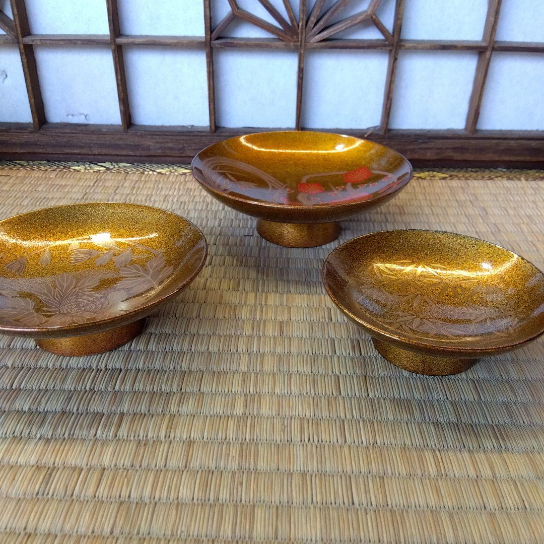 輪島塗　蒔絵三ッ組盃　漆器　五里地作　共箱　未使用　美品