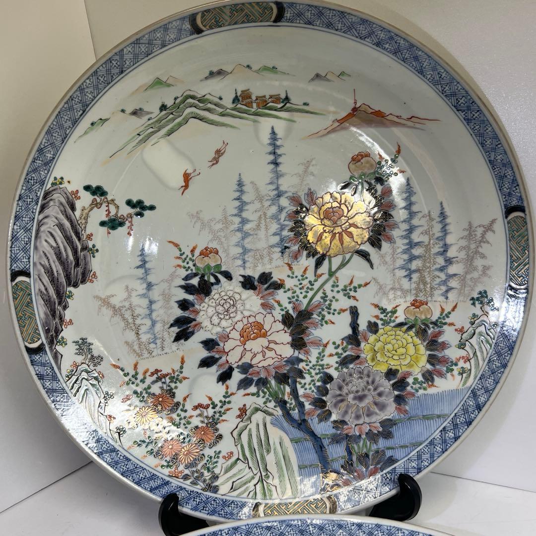 古伊万里　染錦大皿2枚　直径約46.5㎝　東Y8-0319③