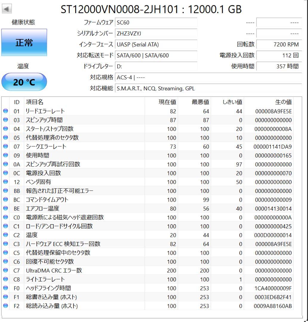 Seagate IronWolf 12TB NAS HDD 約357時間