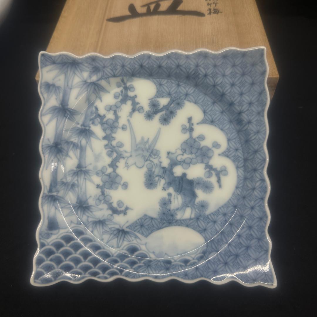 有田焼　中仙窯　中尾龍純　染付松竹梅角皿 箱付き