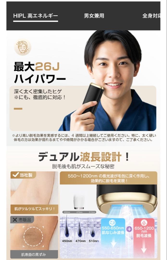 脱毛器 HIPL 光美容器 26J 自動連続照射★新品未使用 男女兼用 全身対応