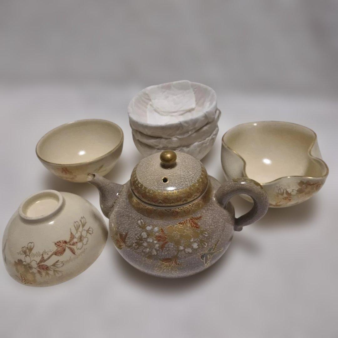 繊細精緻な金彩色絵花鳥図絵付けの煎茶器セット