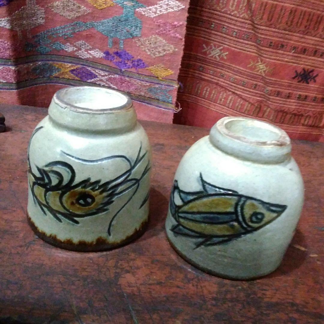沖縄　陶器　金城敏男作品　やらむん　海老・魚文湯呑み2客Set