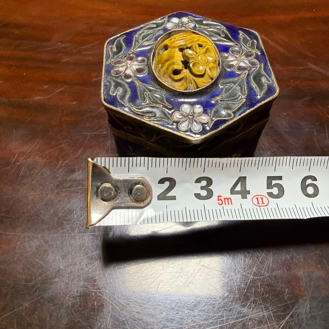 アンティーク　七宝　六角　香合　虎目石　タイガーアイ　重さ54g