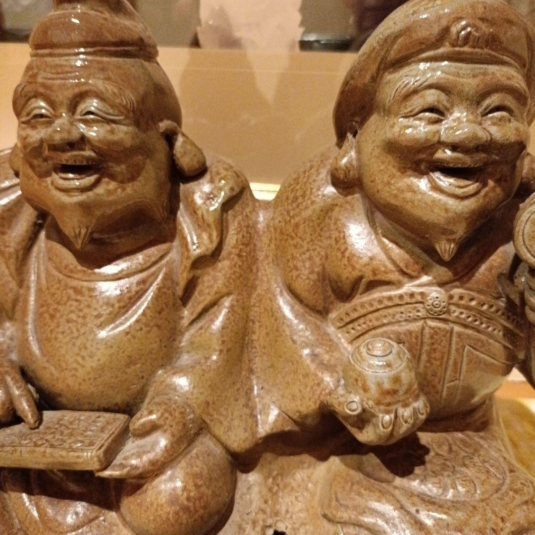 恵比寿天と大黒天　青備前　商売繁盛　備前焼