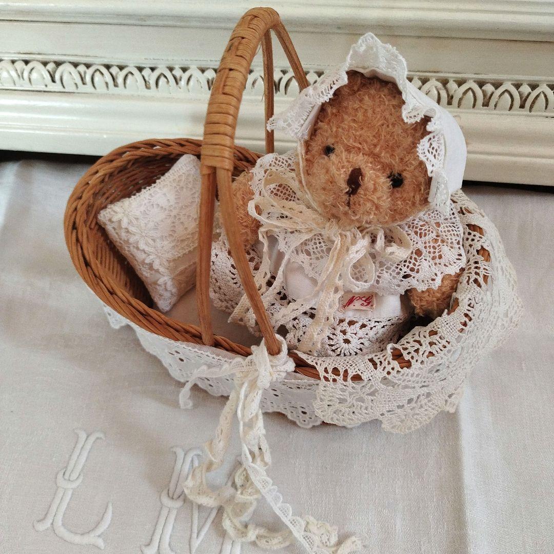 フランスアンティークリネン*くま&カゴベッドセット*テディベア*ハンドメイド