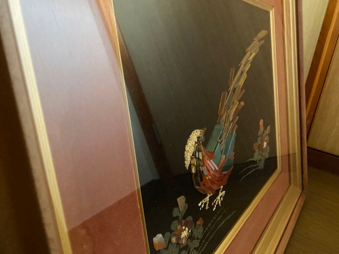 大理石画 孔雀絵 鳥 天然石 アート 額縁 額装