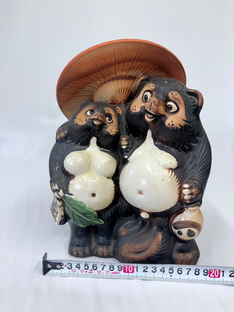 信楽焼 陶仙作 狸 たぬき 夫婦 置物 骨董品 縁起物 開運 商売繁盛 相合傘