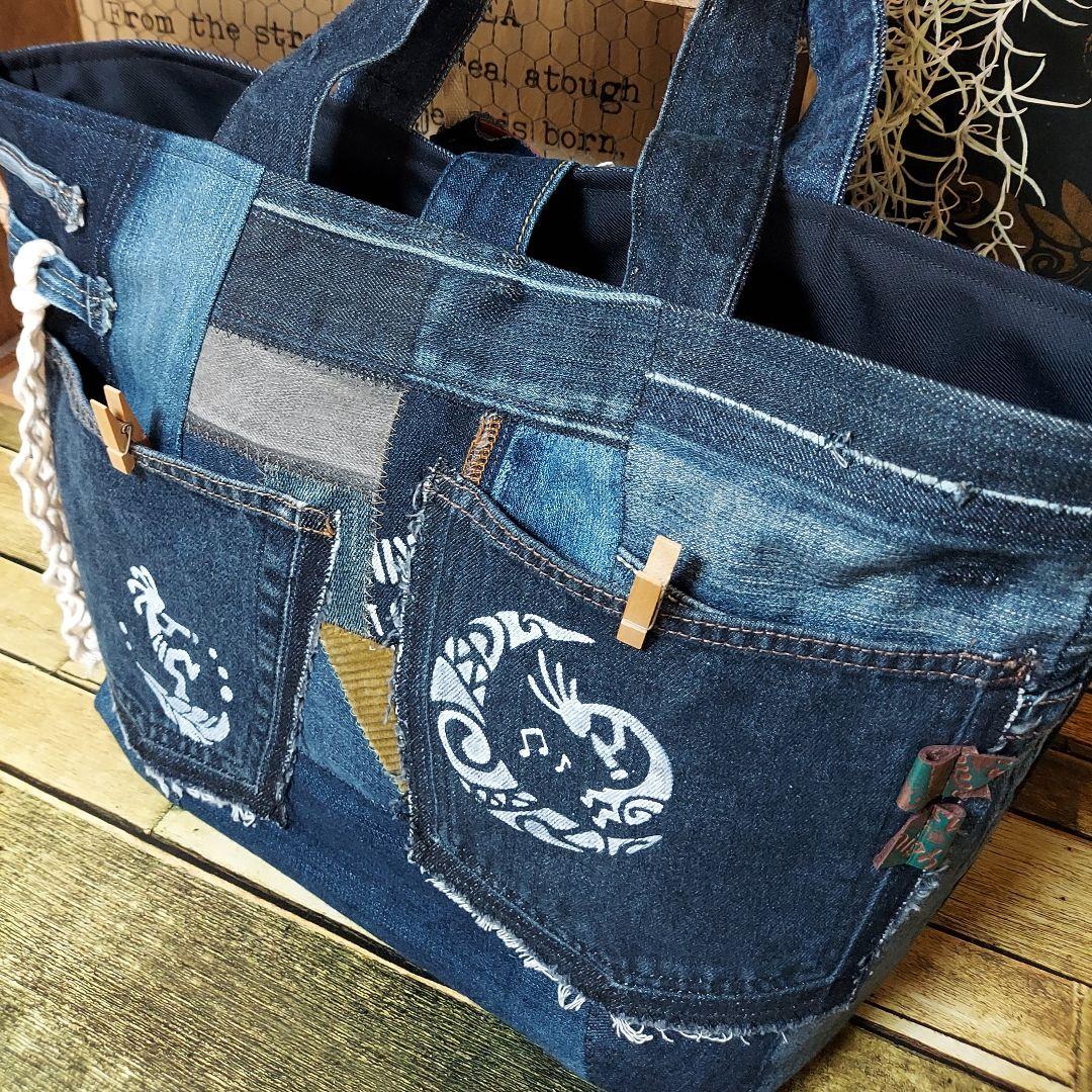 特大デニムバック　No.604　デニムリメイク　大きなデニムバック　パッチワーク