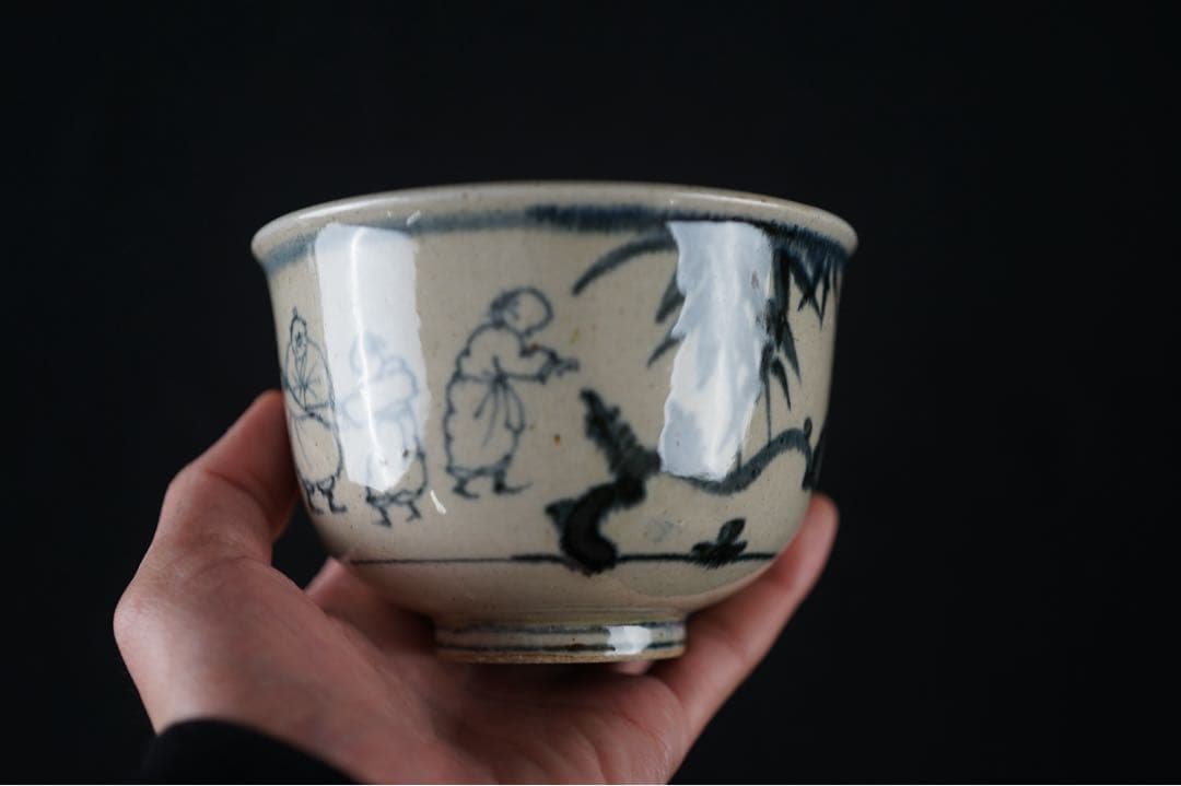 岩崎新定 膳所焼 安南写 七賢人絵 茶碗 共箱 茶道具