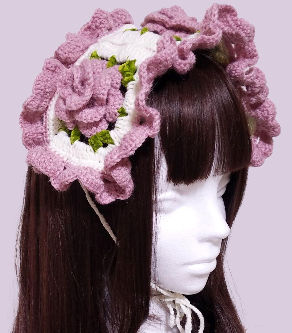 薔薇モチーフヘッドドレス＆つけ襟・ローズピンク2点セット