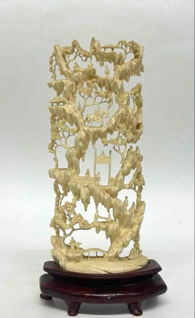 極上透彫山水人物　台付