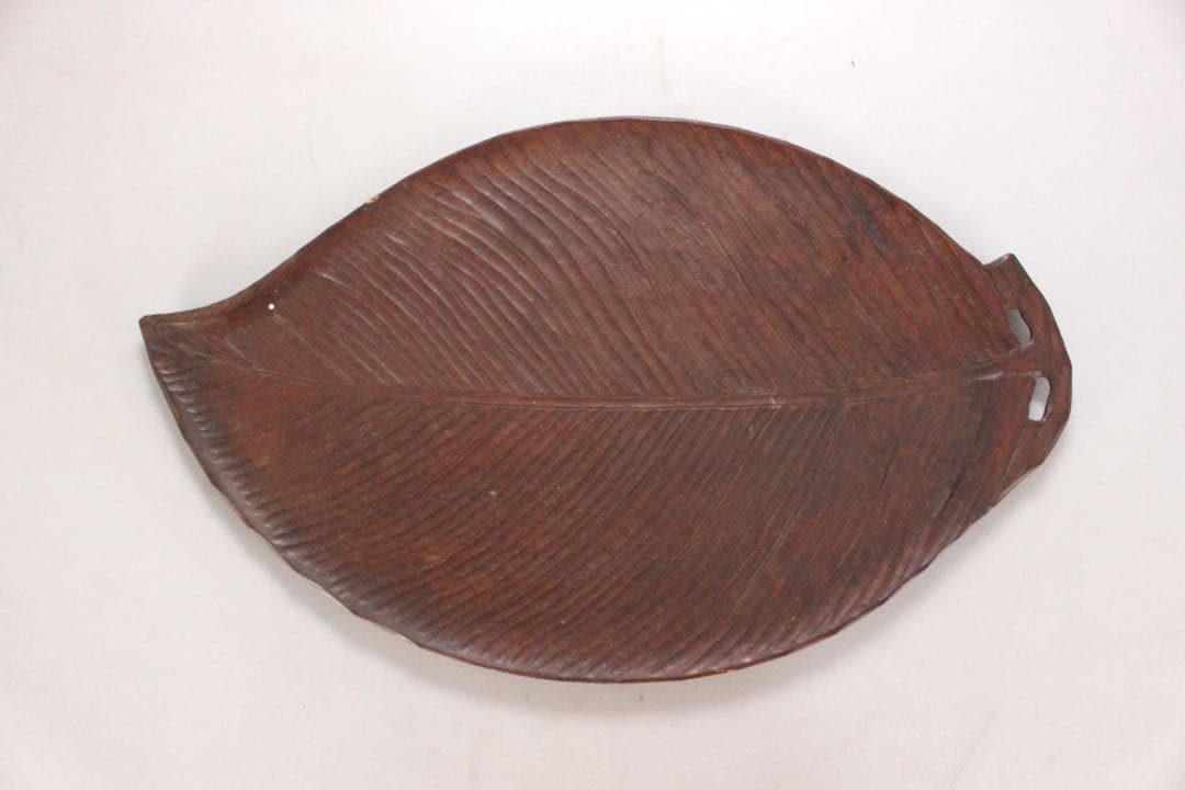 No5833 木彫　葉盆　横幅46cm 木製　無垢　煎茶道具　トレイ　送料無料